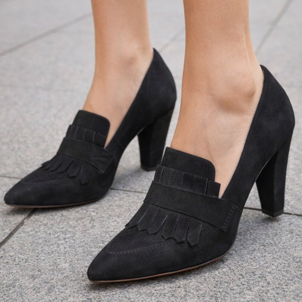 Shoe 9 West block heel, oxford or loafer style, sz 8.5 M, EUC, vegan suede, blck